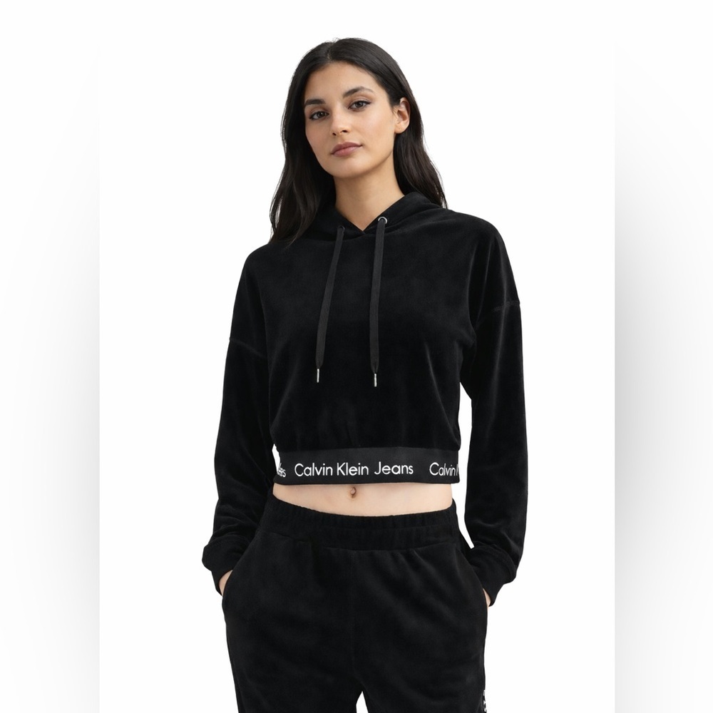 Calvin Klein Black Velvet Cropped Hoodie Logo Hem Athleisure Size L